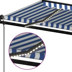 Sisäänkelattava markiisi 2 LED/tuulisensori 300x250 cm sininen/valkoinen