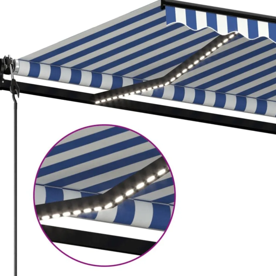 Sisäänkelattava markiisi 2 LED/tuulisensori 300x250 cm sininen/valkoinen