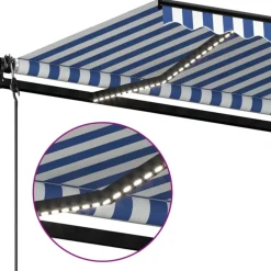 Sisäänkelattava markiisi 2 LED/tuulisensori 300x250 cm sininen/valkoinen