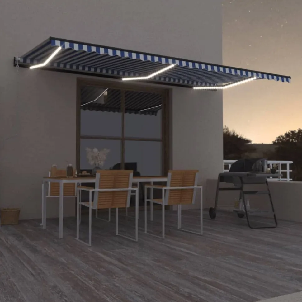 Sisäänkelattava markiisi 2 LED/tuulisensori 300x250 cm sininen/valkoinen
