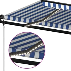 Sisäänkelattava markiisi 2 LED/tuulisensori 300x250 cm sininen/valkoinen