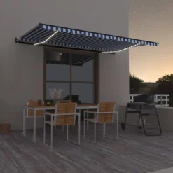 Sisäänkelattava markiisi 2 LED/tuulisensori 300x250 cm sininen/valkoinen