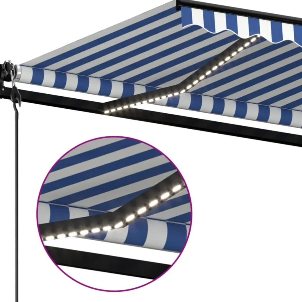 Sisäänkelattava markiisi 2 LED/tuulisensori 300x250 cm sininen/valkoinen