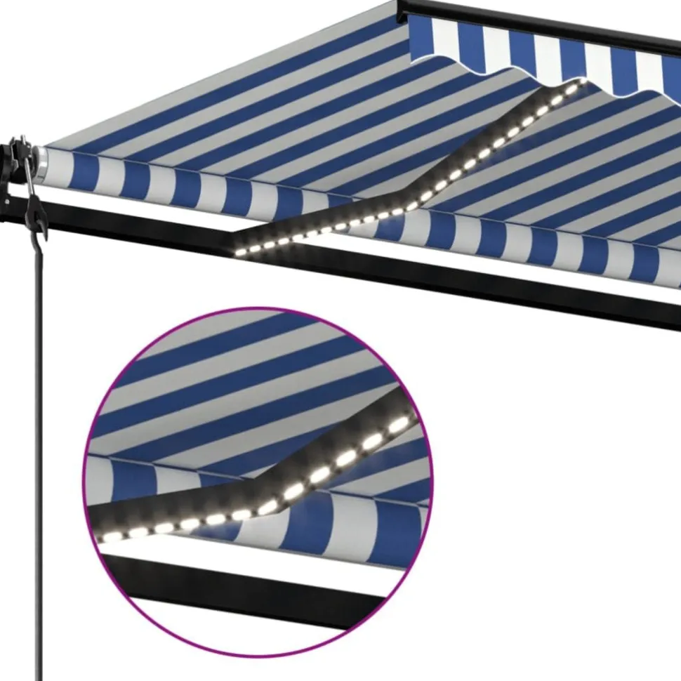 Sisäänkelattava markiisi 2 LED/tuulisensori 300x250 cm sininen/valkoinen