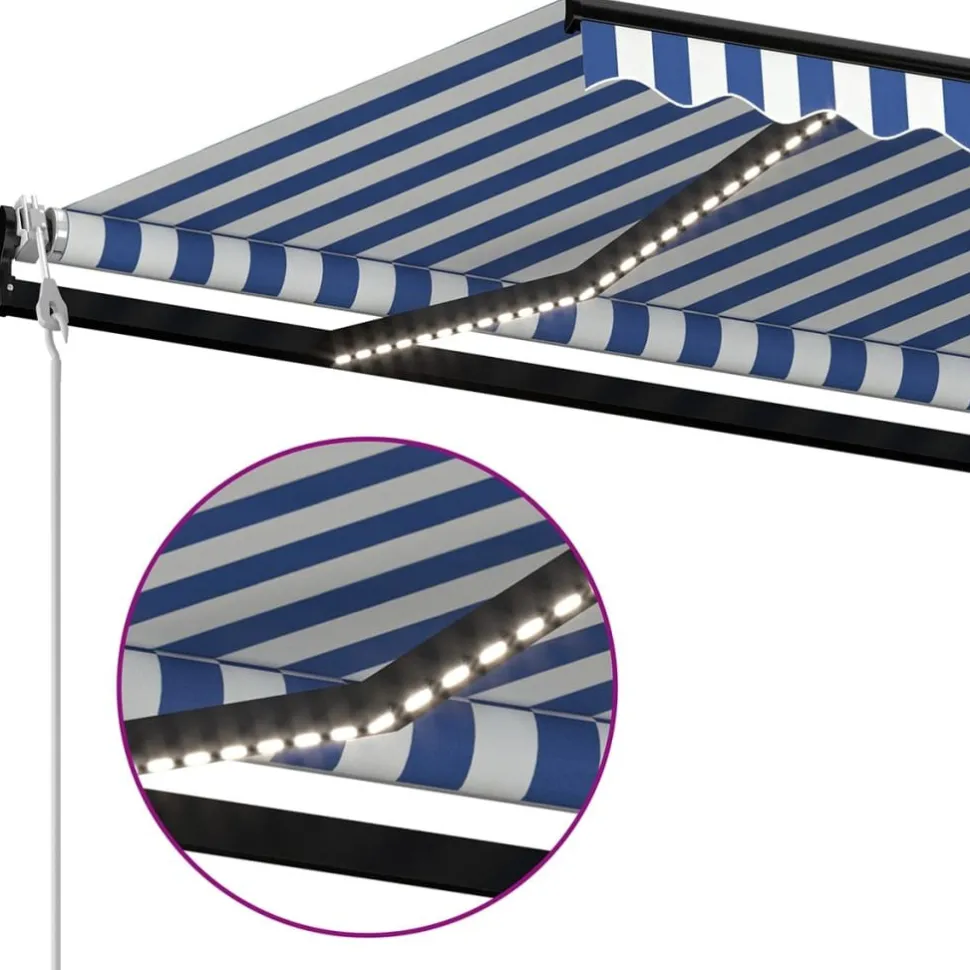 Sisäänkelattava markiisi 2 LED/tuulisensori 300x250 cm sininen/valkoinen