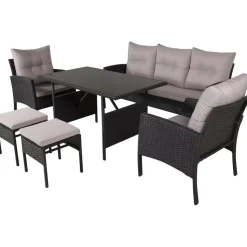 Sohvaryhmä Venture Home Knock, 3-istuttava sohva + 2 lepotuolia + 2 rahia + ruokapöytä, harmaa/musta