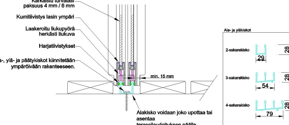 Terassin lasiliukuovi Keraplast, 4-os., harmaa, kirkas lasi, mittatilaus